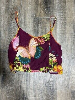 FARM Rio Butterfly Floral Crop Cami Top Burgundy Tropical Spaghetti Strap XS